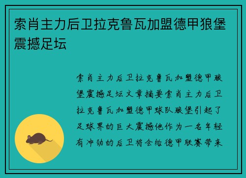 索肖主力后卫拉克鲁瓦加盟德甲狼堡震撼足坛